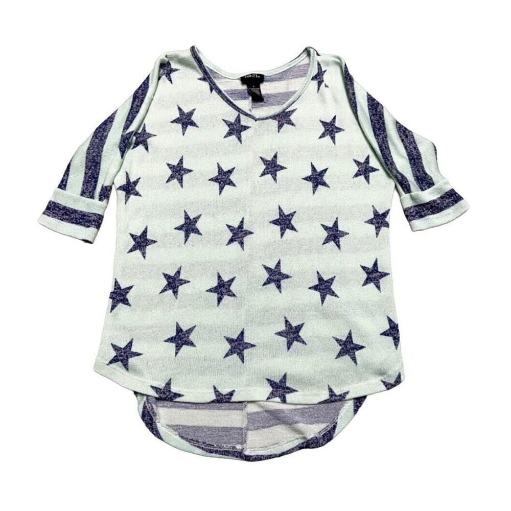 Rue 21 Stars & Stripes 3/4 Sleeve Shirt Women’s Sz S Lime Green Navy Hi Low Hem